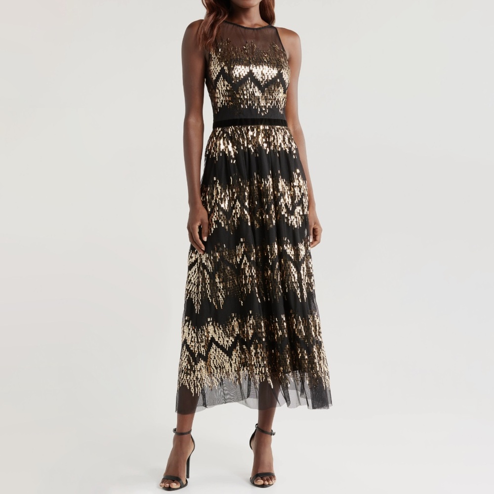 Vince Camuto - ‎ Sequin Illusion Neck Midi Dress